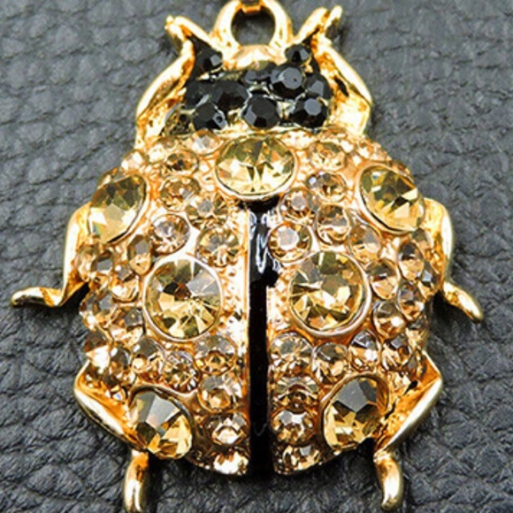 Ladybug Beetle Necklace, Beetle, Ladybird Color-Gold Plated Crystal Rhinestone - Picture 5 of 8